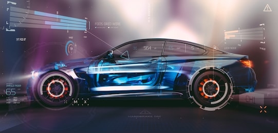 the technology behind modern cars - futuristic concept, with car sensors (hybrid wire frame side intersection) - 3d illustration