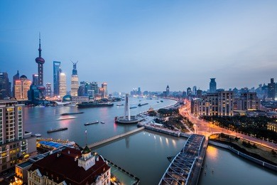 night view at shanghai china, huangpu river and bund.