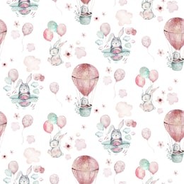 hand drawing fly cute easter pilot bunny watercolor cartoon bunnies with airplane and balloon in the sky textile pattern. turquoise watercolour textile illustration