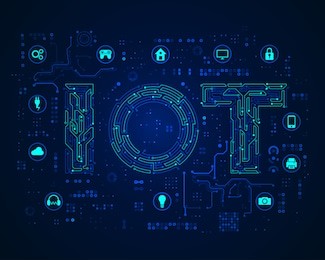 concept of internet of things or iot, appliances icons combined with electronic pattern