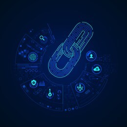 concept of cryptocurrency or block chain technology, graphic of chain with digital business icons