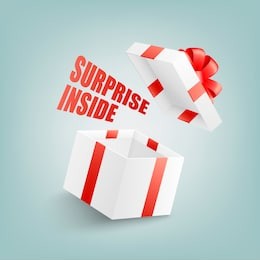 open white gift box with red ribbon and bow, flying cover and sign surprise inside in realistic 3d style isolated on blue background - greeting present package in vector illustration.