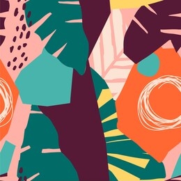 collage contemporary floral seamless pattern. modern exotic jungle fruits and plants illustration in vector.