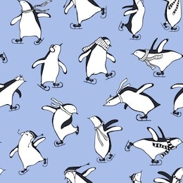 vector seamless pattern with hand drawn cute penguins skating on ice. ink drawing, funny illustration, beautiful animal design elements.