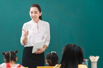 in classroom, asian teacher stand in front of class and teaches students, students listen to her consciously.