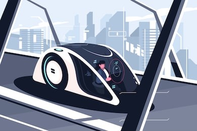 relaxed man driving by smart car vector illustration. autonomous vehicle self driving car equipped sensing and wireless communication flat style. future technologies concept. cityscape on background