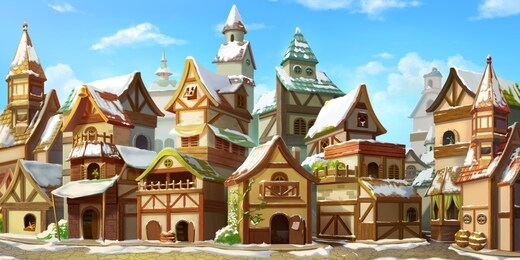 small fairy tale town in the winter with snow. fiction backdrop. concept art. realistic illustration. video game digital cg artwork. industry scenery.
