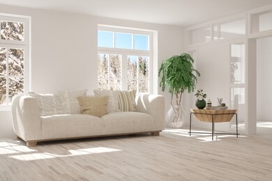 white room with sofa and winter landscape in window. scandinavian interior design. 3d illustration