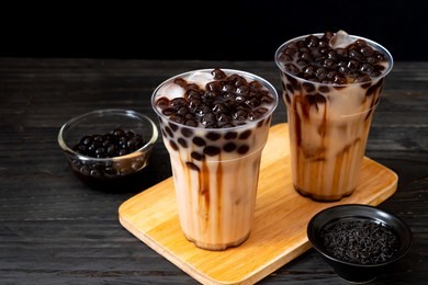 taiwan milk tea with bubble on wood background