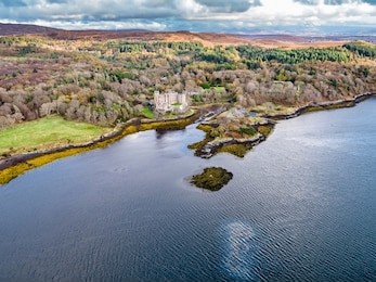 aerial autumn view of dunvegan castle, isle of skye - aerial