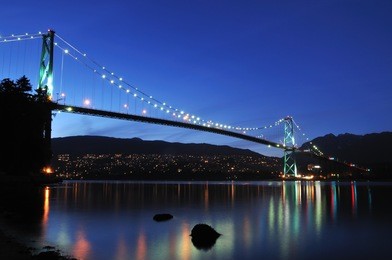 lions gate bridge at night, vancouver, bc