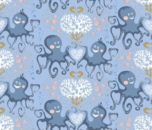 vector seamless pattern of sea life, cute octopuses and corals on the blue background