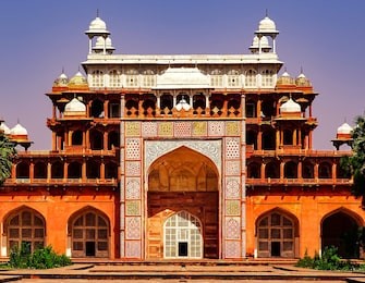 tomb of the great mughal emperor akbar, as viewed from the facade leading to the entrance to this large mausoleum, at sikandra, agra in uttar pradesh, india