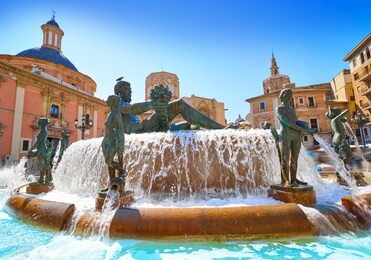 valencia turia river fountain in plaza de la virgen square of spain