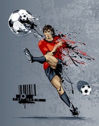 abstract image of soccer player kicking ball with liquid effect. graffiti style with dirty grunge elements.