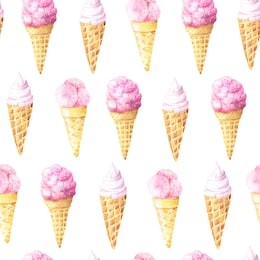 seamless pattern with watercolor fruit ice cream cone isolated on white backdrop. hand painted sweet summer dessert background perfect for textile and scrapbooking