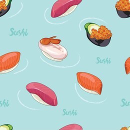 hand drawn sushi seamless pattern, vector background design.