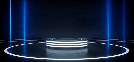 sci fi modern hi tech empty podium lighter round circle stage in dark reflective room with neon glowing blue vertical lines product showcase 3d rendering illustration