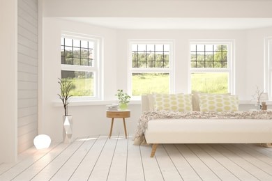 white bedroom with summer landscape in window. scandinavian interior design. 3d illustration