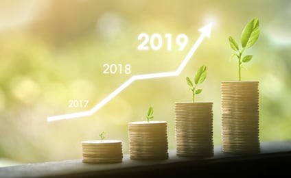 growth in 2019 year concept. business graph with arrow up. growing money coins stack.