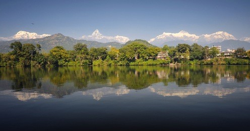 himalayan range view with pokhara and lake phewa on a foreground