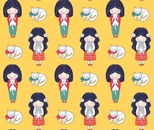 girls in warm sweaters, holding cute little cats. cozy seamless pattern. vector background for postcards, wallpaper, textiles, bed linen, tissue, print, wrapping.
