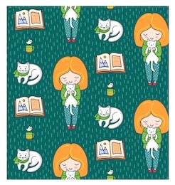 cozy seamless patterns with ginger girls and cats on a green background. vector illustration.