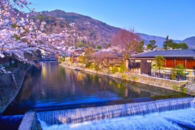 kyoto arashiyama, landscape from spring blooming nakanoshima bridge