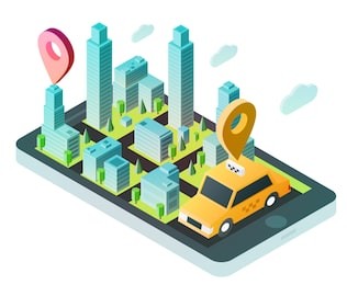 3d isometric smartphone with smart city map and yellow taxi. design concept for mobile gps or tracking navigation application. vector infographic template.