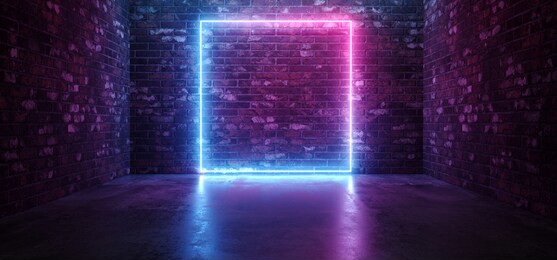 futuristic sci fi elegant modern neon glowing rectangle frame shaped lines tubes purple pink blue colored lights in dark empty grunge concrete brick room background 3d rendering illustration