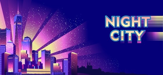 modern futuristic city at night, illuminated by neon lights and light rays. cityscape. banner