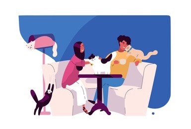 happy young couple at cat cafe. smiling man and woman sitting at table surrounded by cute adorable pet animals, watching them and fondling. colorful illustration in flat cartoon style.