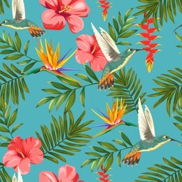  tropical pattern with flowers and hummingbirds