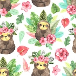 seamless pattern with watercolor hand painted cute sloth, green leaves and pink flowers. cartoon little baby animal backdrop perfect for fabric textile or wrapping paper