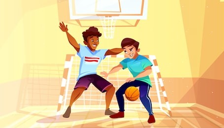 boys playing basketball illustration of black afro american teen or young man with ball in college or university gymnasium. men in sport hall interior cartoon background