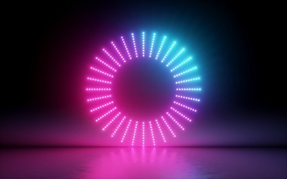 3d render, abstract background, round screen, ring, glowing dots, neon light, virtual reality, volume equalizer interface, hud, pink blue spectrum, vibrant colors, laser disc, floor reflection