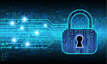 safety concept, closed padlock on digital background, cyber security, blue abstract hi speed internet technology background illustration. key vector