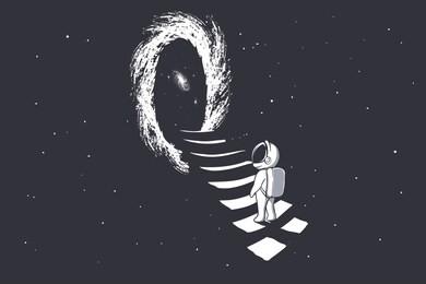 an astronaut climbs the stairs into wormhole - portal to another dimension.science fiction.space theme. vector illustration