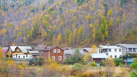 winter mountain village landscape view in listvyanka russia.