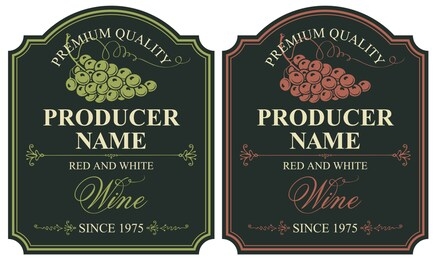 set of two vector labels for red and white wine with bunches of grapes and calligraphic inscriptions in retro style on the black background.