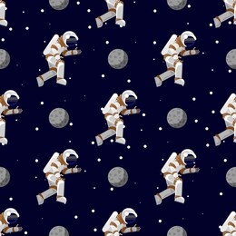 space print. seamless pattern flat funny flying astronaut in space with stars and moon.
