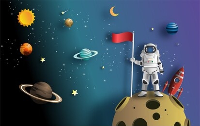 
paper art style of astronaut raising flag on moon with spacecraft, flat-style vector illustration