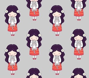 seamless pattern with cute little dark-haired girls, holding cute little gray cats. retro print for textile, fabric, posters, decor, paper, wallpaper. outline vector illustration.