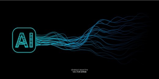 ai (artificial intelligence) wave lines neural network with ai lettering in green and blue colors on black background. vector in concept of technology, a.i.