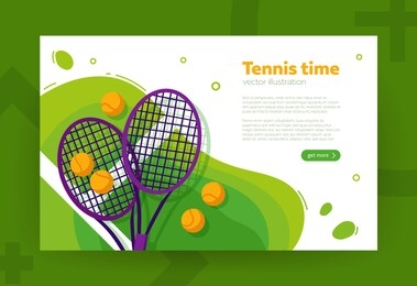 tennis rackets and balls on the court grass, flat style vector illustration. banner, site, poster template with copy text space. sport concept.