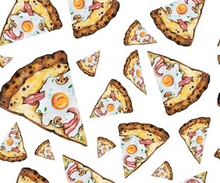 hand drawn slice of pizza carbonara isolated on white, watercolor sketch or illustration for food design.