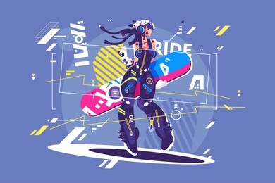 beautiful girl in sportswear with snowboard vector illustration. young woman snowboarder flat style concept. snowboarding activities. winter kinds of sport and holidays