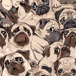 seamless pattern. portrait of many pugs. composition in sepia art style. humor textile composition, hand drawn style print. vector illustration.