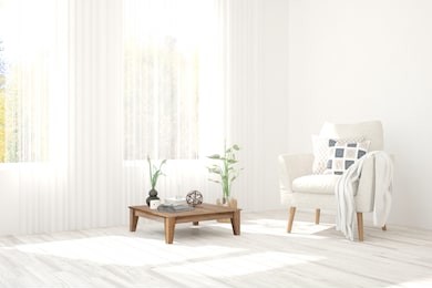 white modern room with armchair. scandinavian interior design. 3d illustration