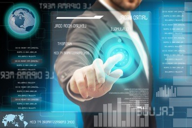 business men touching a futuristic touchscreen interface